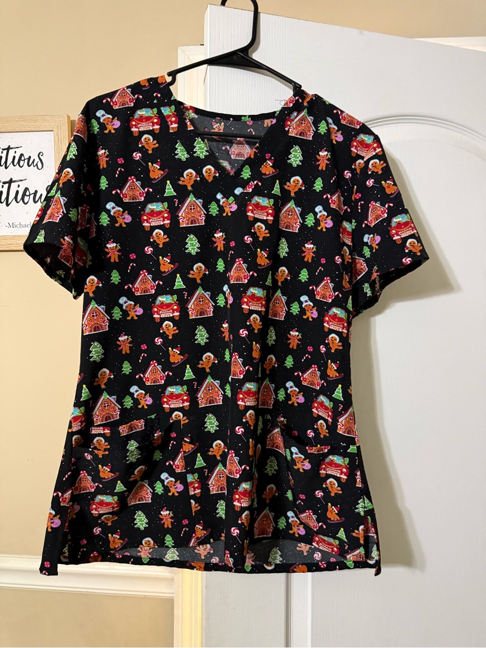 Women’s Scrub Black Holiday Gingerbread Print Top